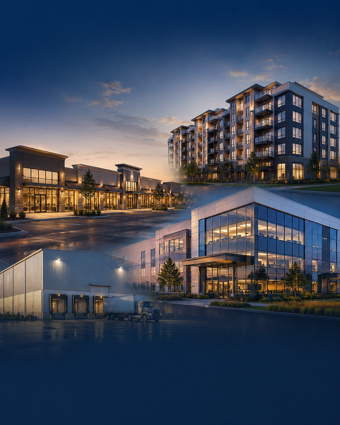 Commercial properties including retail, multifamily, office, and industrial buildings